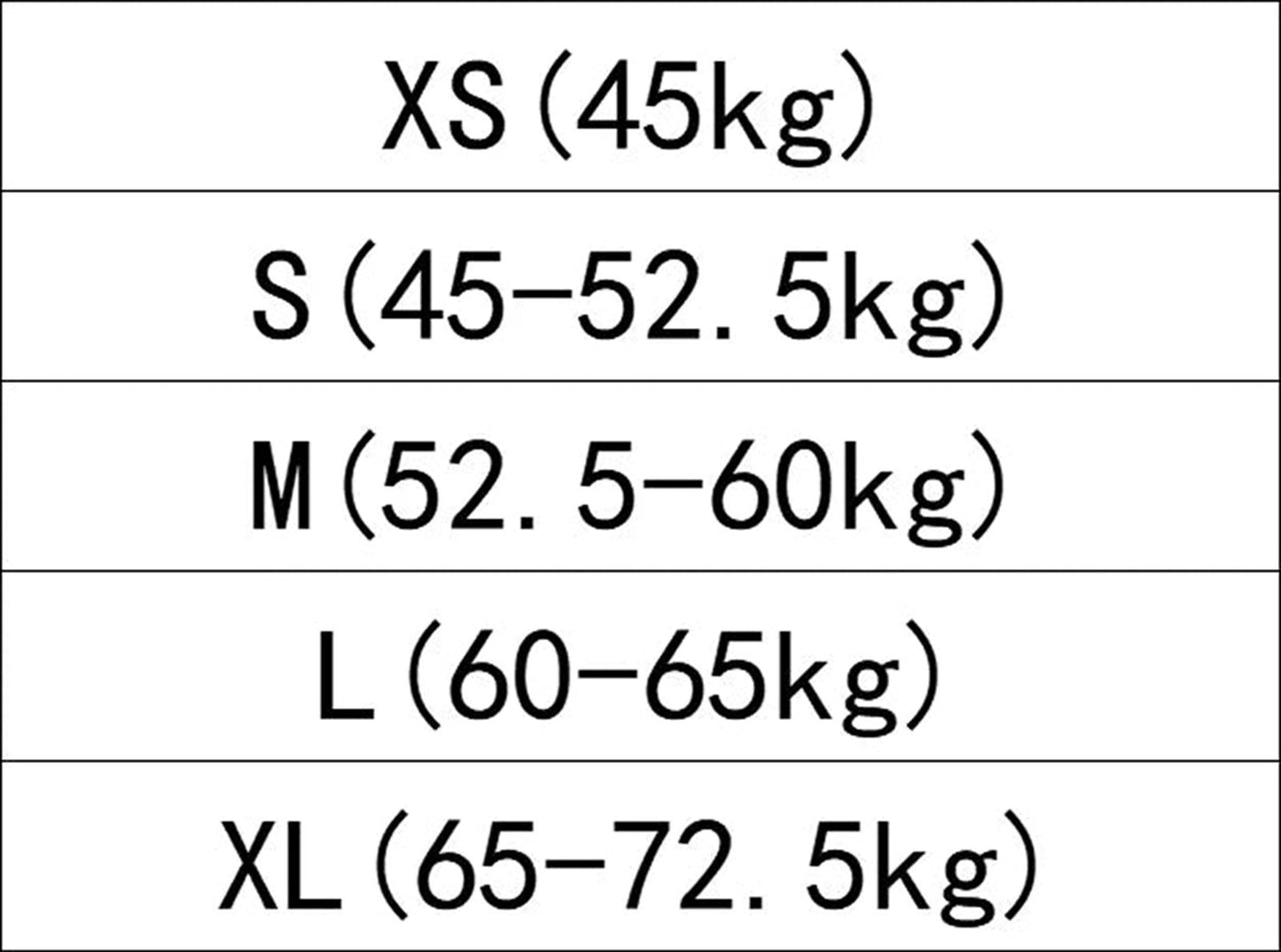 Size chart for black gothic mini dress for women showing XS to XL weight ranges