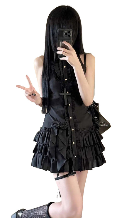 Black gothic mini dress for women with ruffled design and decorative roses from LuckeLadybug LLC