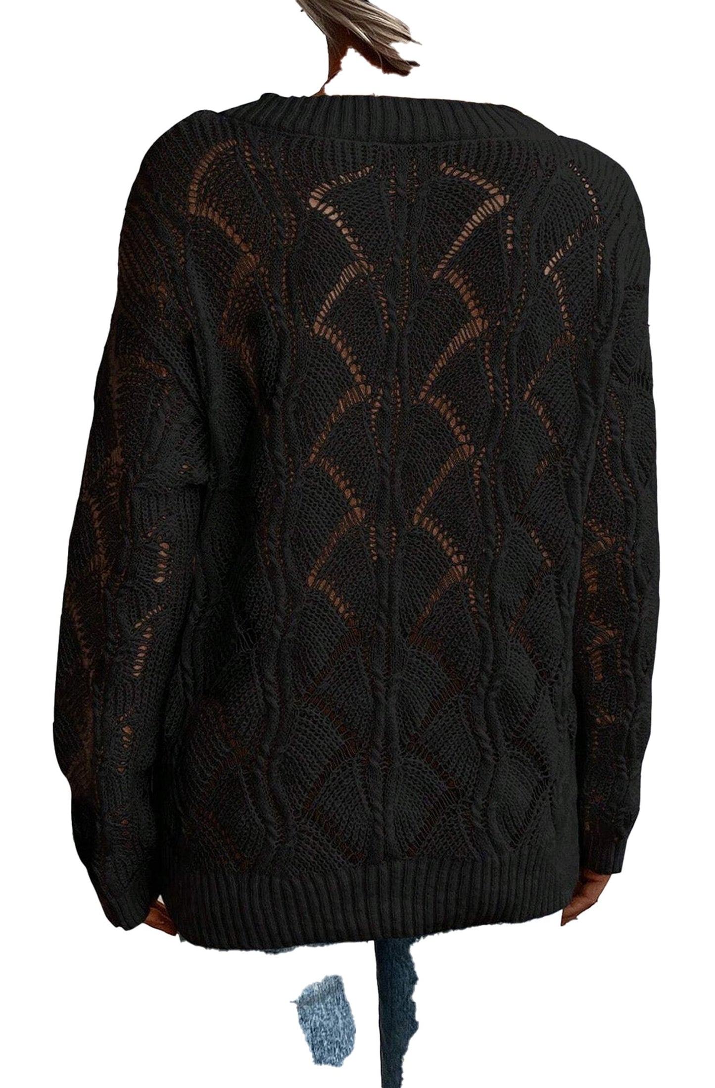 LuckeLadybug black hollow out knit sweater with a stylish open weave design and relaxed fit