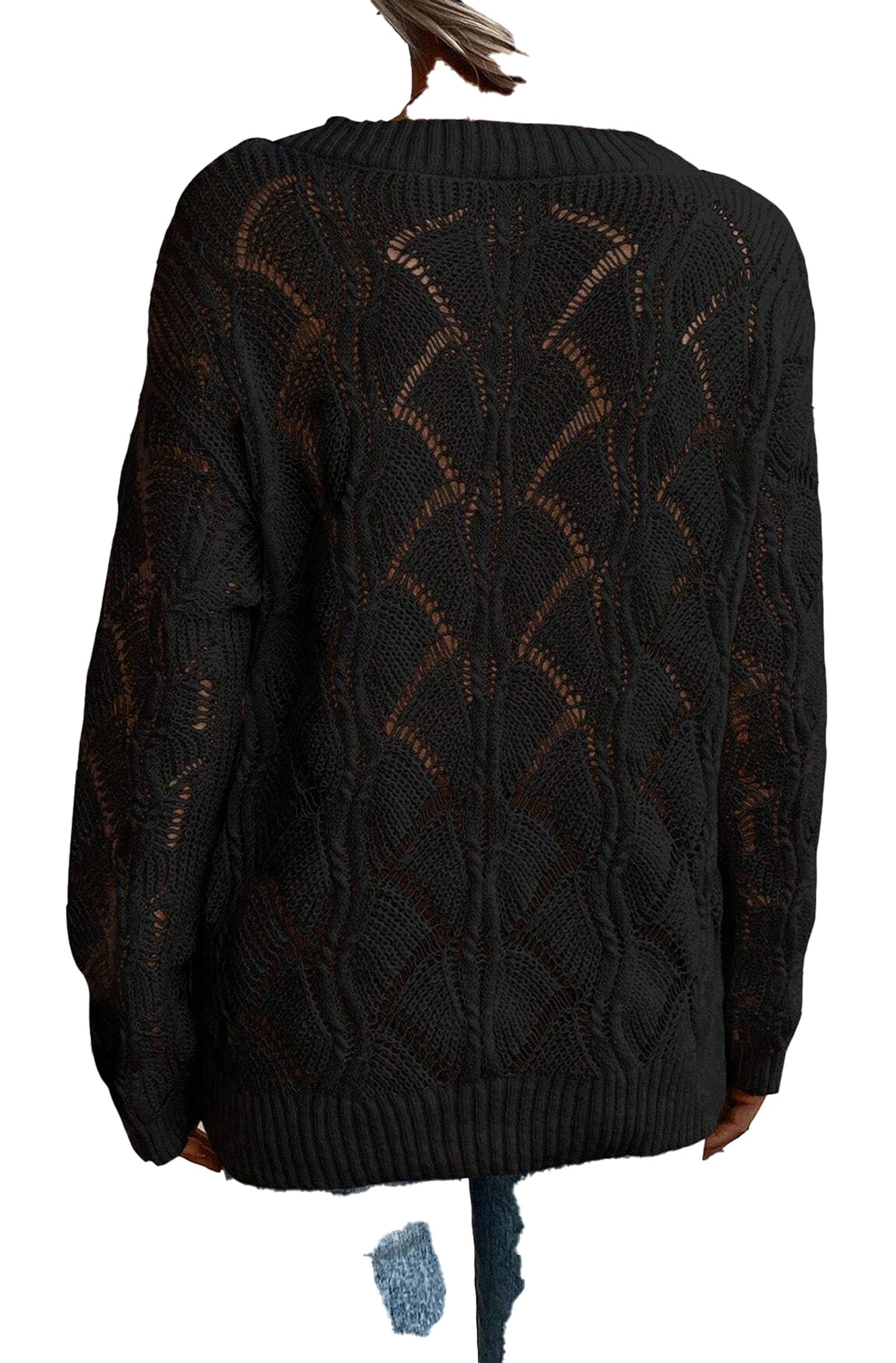 LuckeLadybug black hollow out knit sweater with a stylish open weave design and relaxed fit