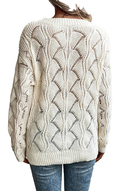 LuckeLadybug black hollow out knit sweater featuring a stylish open weave design