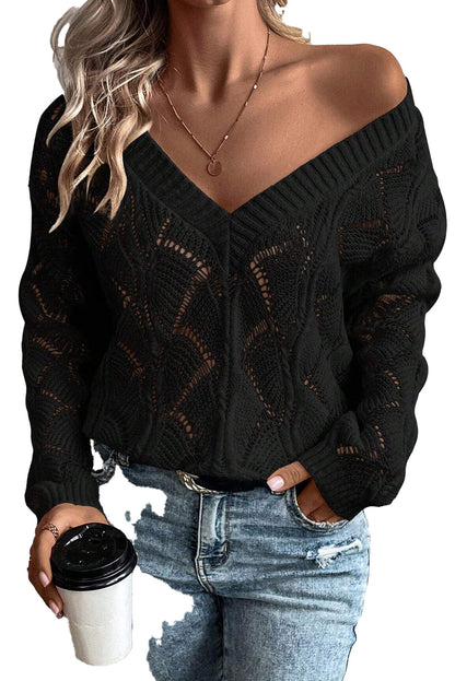LuckeLadybug black hollow out knit sweater featuring a stylish V-neck design and breathable fabric