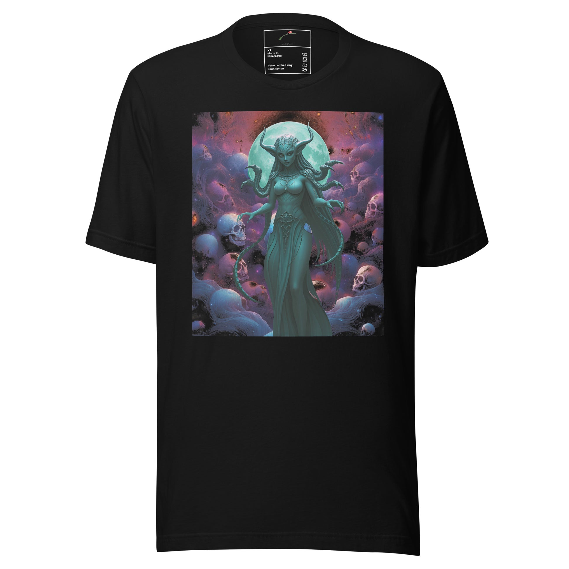 Black LuckeLadybug t-shirt featuring a mystical alien figure with skulls in the background intergalactic alien tee