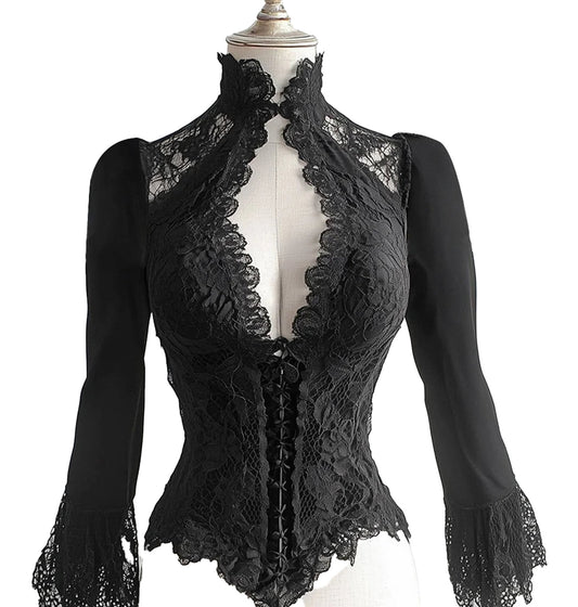 Elegant black lace corset blouse with high neckline and long lace sleeves from LuckeLadybug LLC