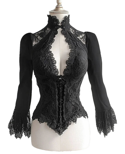 Elegant black lace corset blouse with bell sleeves and detailed lace design for a stylish look