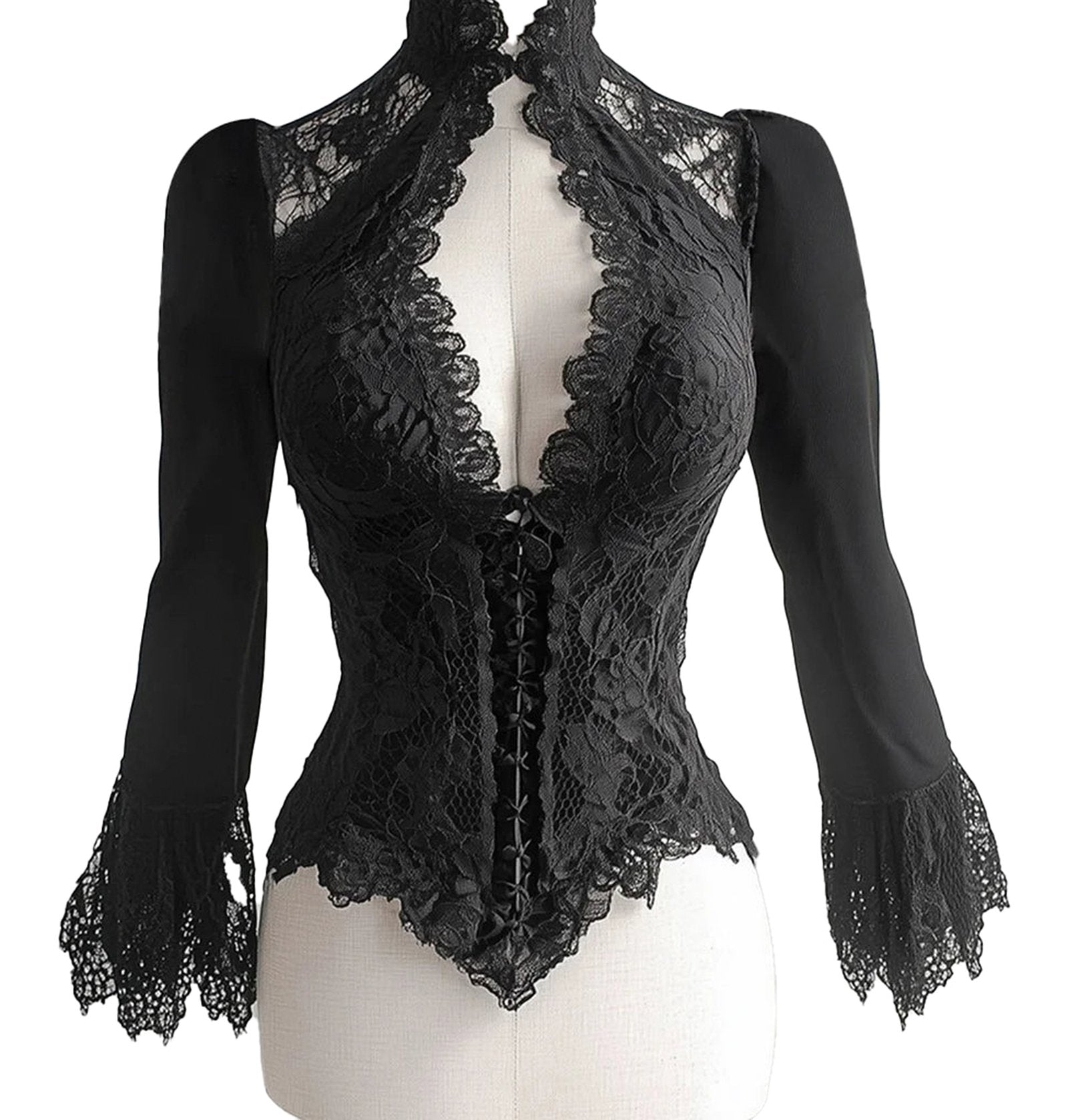 Elegant black lace corset blouse with long sleeves and intricate lace detailing for stylish outfits