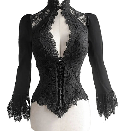 Elegant black lace corset blouse with long sleeves and intricate lace detailing for stylish outfits