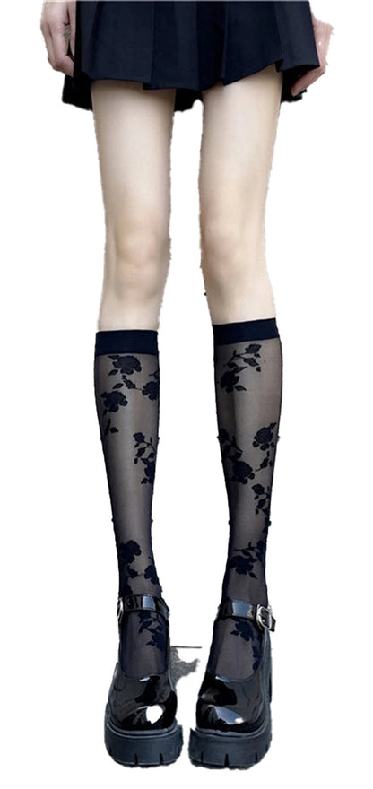 Black lace knee high stockings with floral patterns for a stylish and elegant look