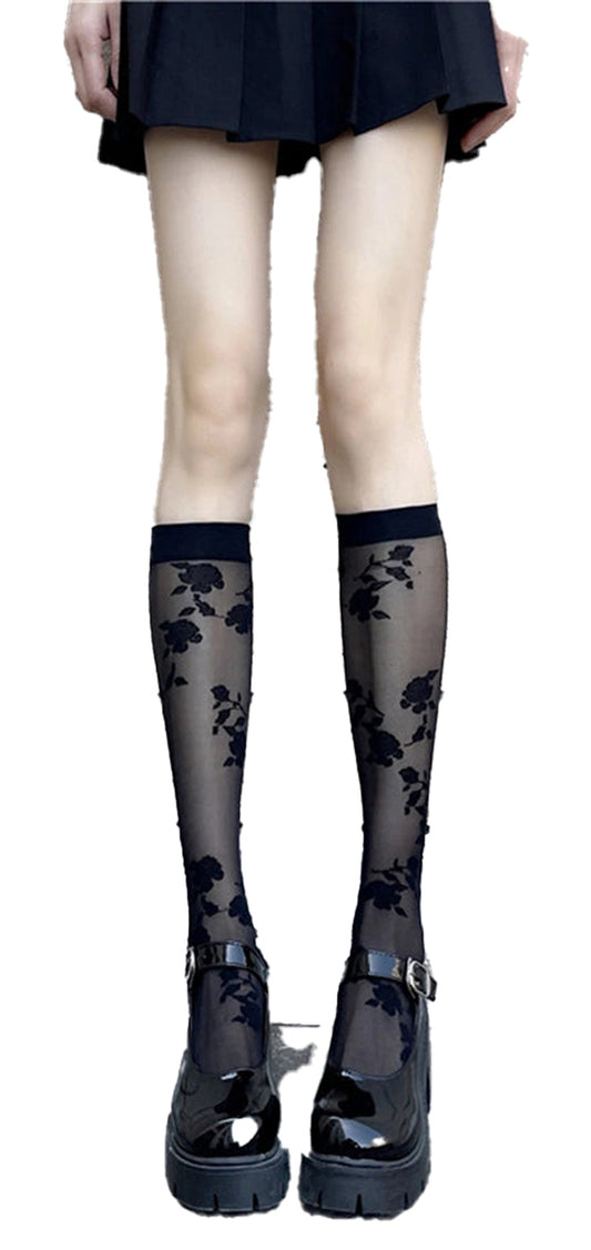 Black lace knee high stockings with floral patterns for a stylish and elegant look