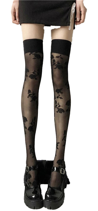 LuckeLadybug LLC black lace knee high stockings with floral pattern and soft black band