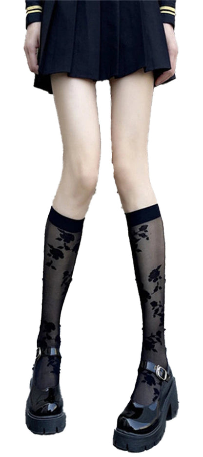 Stylish black lace knee high stockings featuring floral patterns for a fashionable look