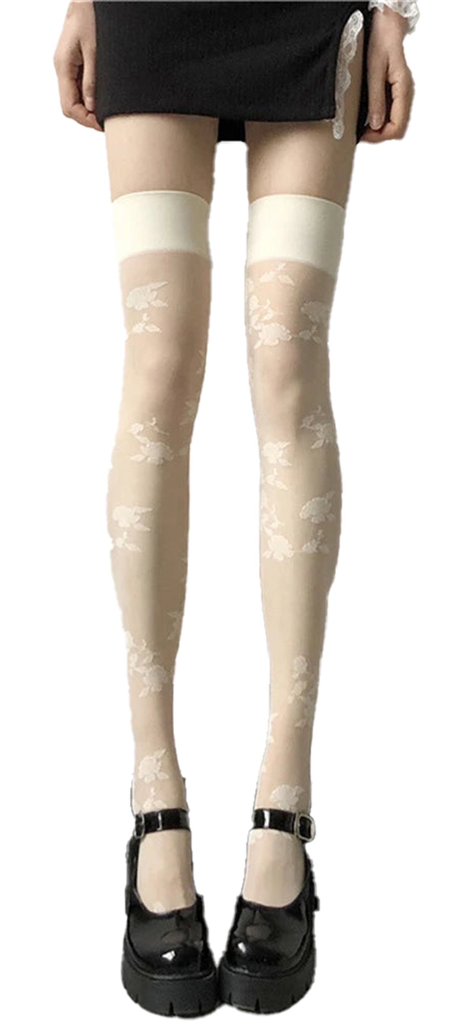 Elegant black lace knee high stockings with floral design for stylish outfit pairing