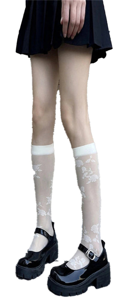 Elegant black lace knee high stockings with floral design, perfect for fashion-forward outfits