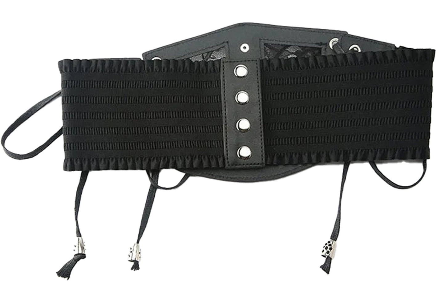 Black lace underbust corset for women with adjustable lacing and decorative buttons