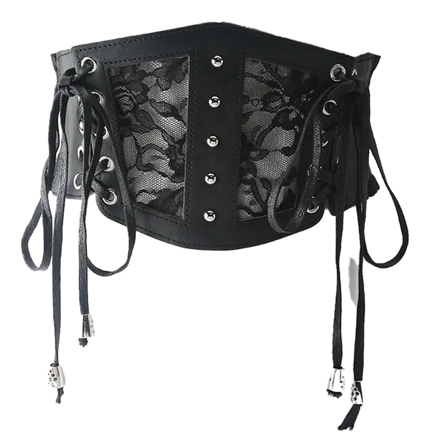 Black lace underbust corset for women featuring adjustable laces and decorative studs