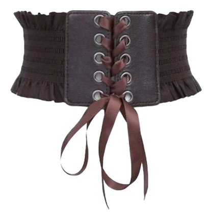 Black lace underbust corset for women with adjustable front lacing and ruffled edges