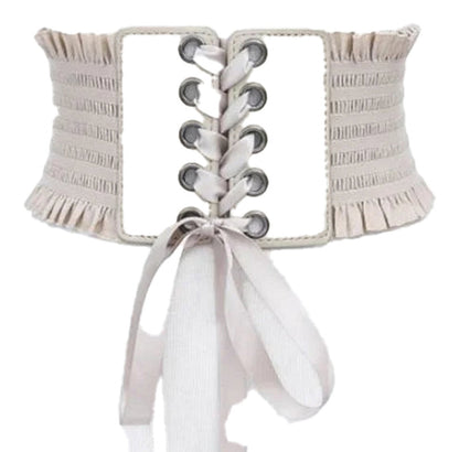 Elegant beige corset with lace-up detailing, featuring soft fabric for comfort and style