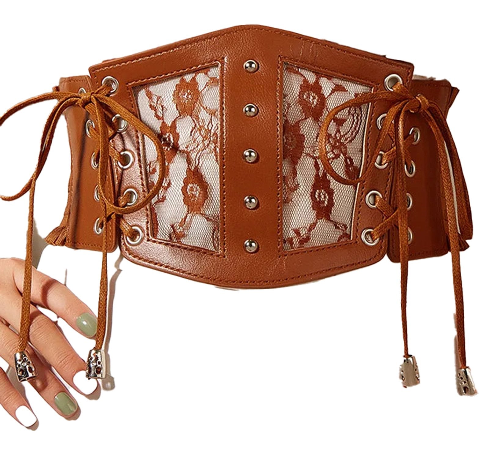 LuckeLadybug LLC Brown Girdle with Lace Detailing and Adjustable Ties, featuring Black Lace Underbust Corset for Women