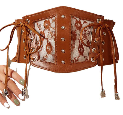 LuckeLadybug LLC Brown Girdle with Lace Detailing and Adjustable Ties, featuring Black Lace Underbust Corset for Women