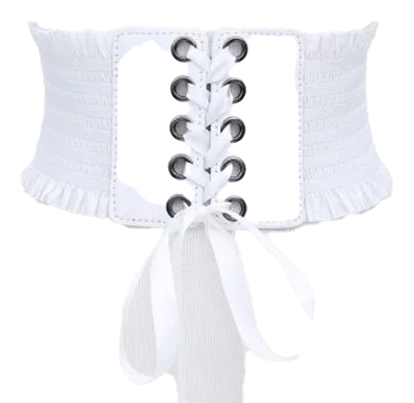 LuckeLadybug LLC White Girdle with Lace-Up Front and Ruffle Detailing, perfect for layering with outfits