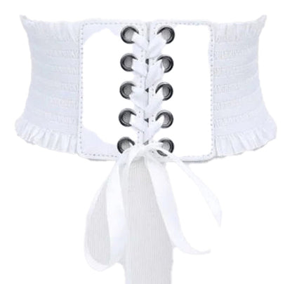 LuckeLadybug LLC White Girdle with Lace-Up Front and Ruffle Detailing, perfect for layering with outfits