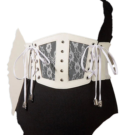 White lace underbust girdle with adjustable laces for women featuring black lace accents