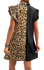 LuckeLadybug black leopard patchwork dress featuring ruffled sleeves and a stylish design