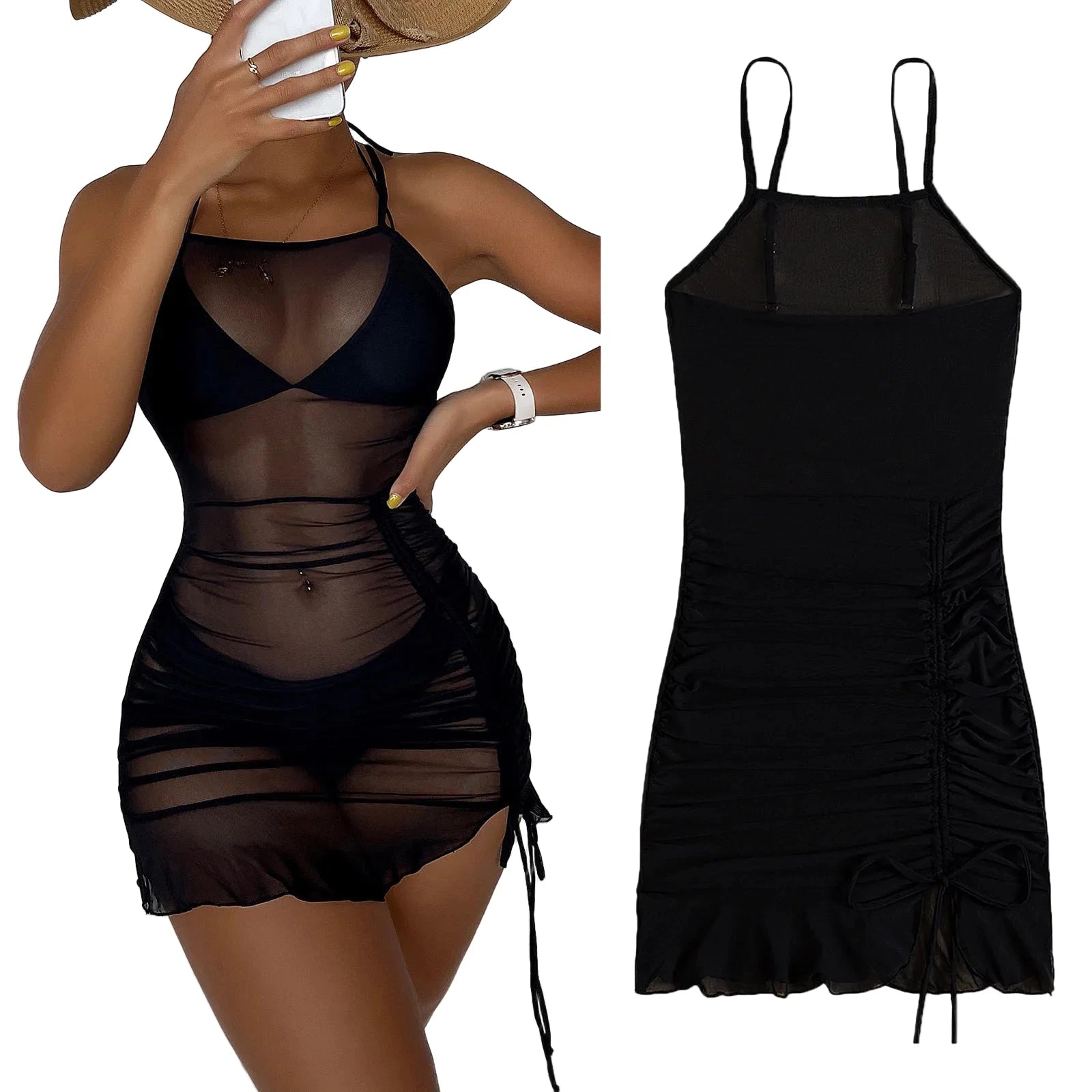 Black mesh beach cover up dress with adjustable straps, perfect for sunny days by the water