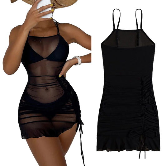 Black mesh beach cover up dress with adjustable straps, perfect for sunny days by the water