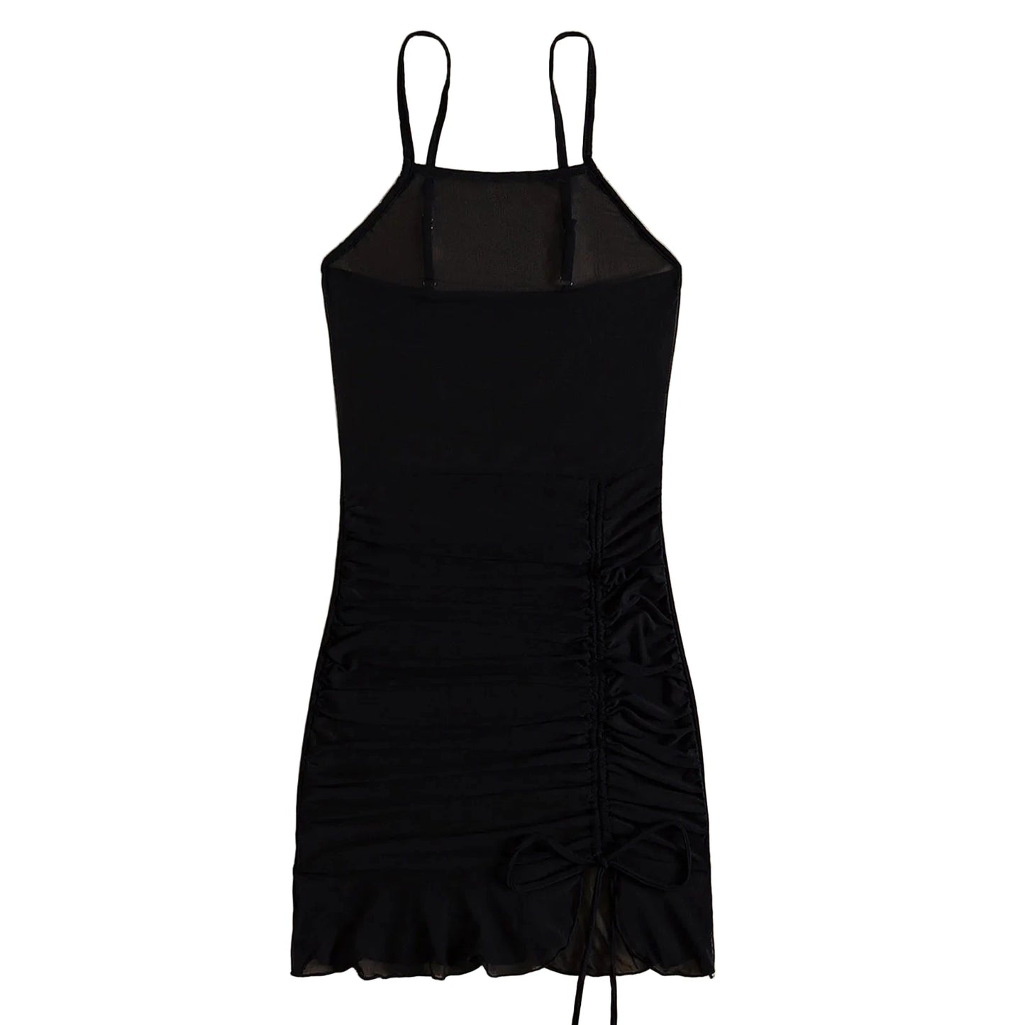 Black mesh beach cover up dress with adjustable straps and gathered detail for a stylish beach look