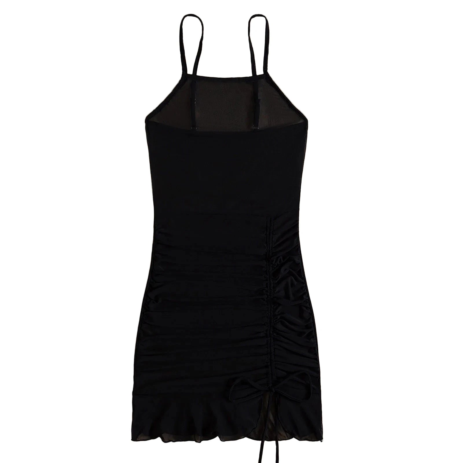 Black mesh beach cover up dress with adjustable straps and gathered detail for a stylish beach look