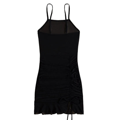 Black mesh beach cover up dress with adjustable straps and gathered detail for a stylish beach look