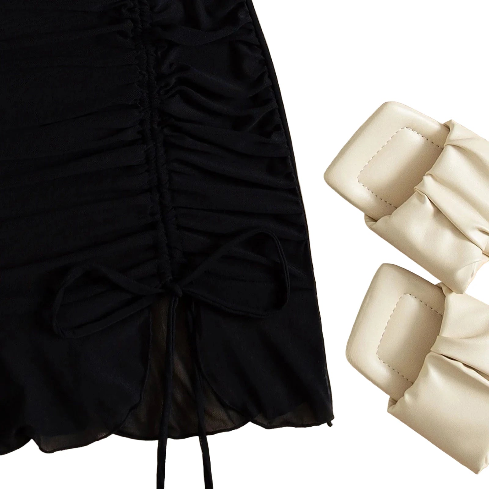 Black mesh beach cover up dress with adjustable drawstring detail and matching accessories