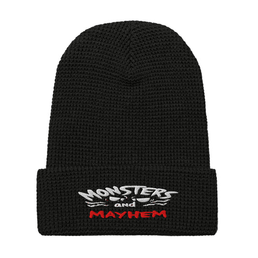 LuckeLadybug black waffle beanie with monsters and mayhem beanie text embroidered in white and red