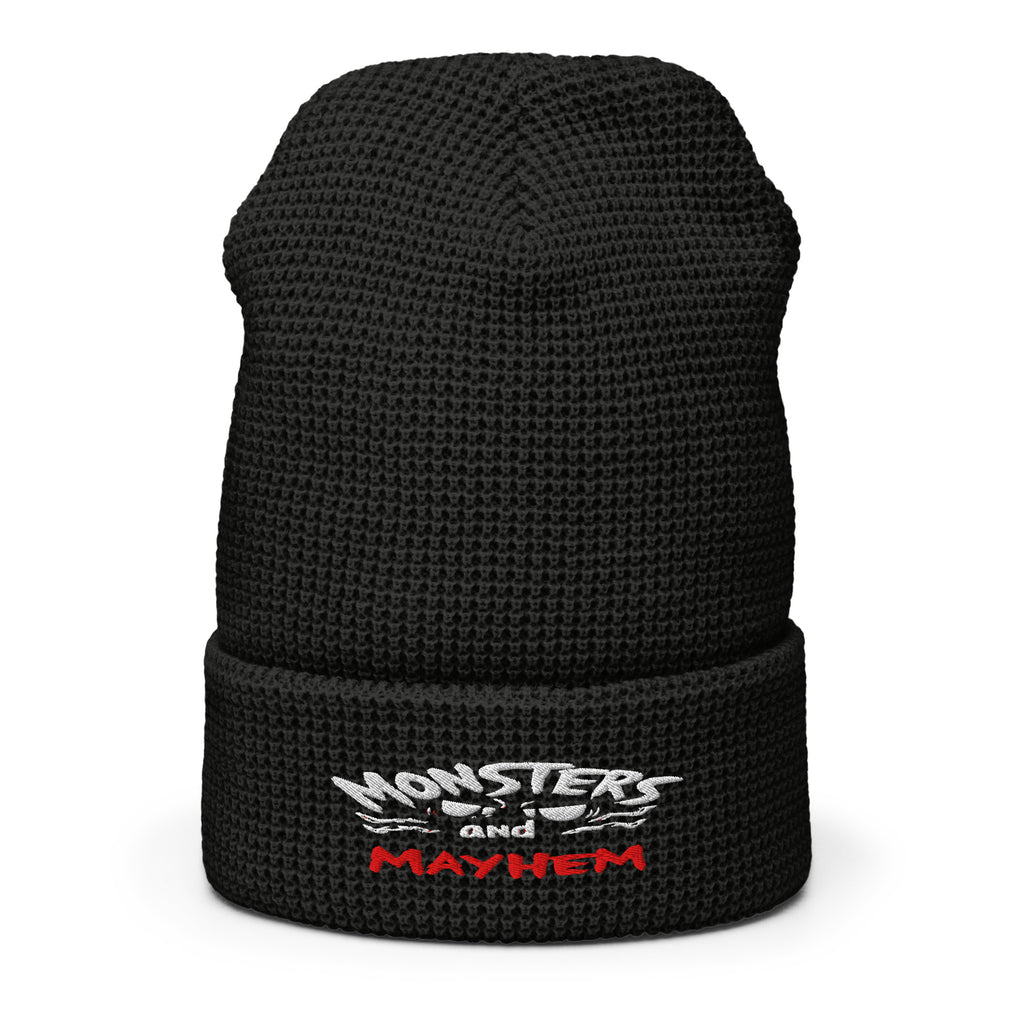 Black LuckeLadybug waffle knit monsters and mayhem beanie with embroidered logo on cuff