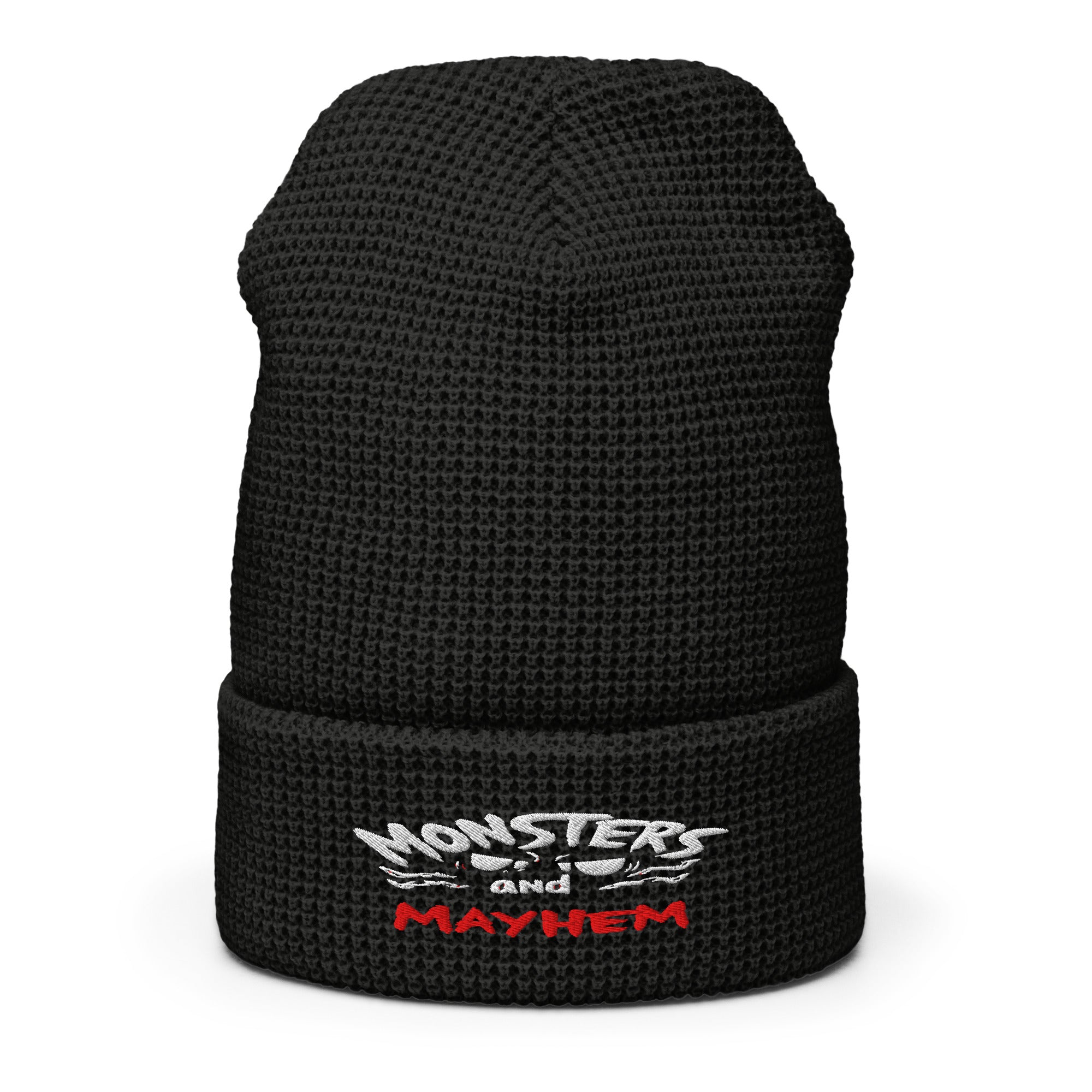 Black LuckeLadybug waffle knit monsters and mayhem beanie with embroidered logo on cuff