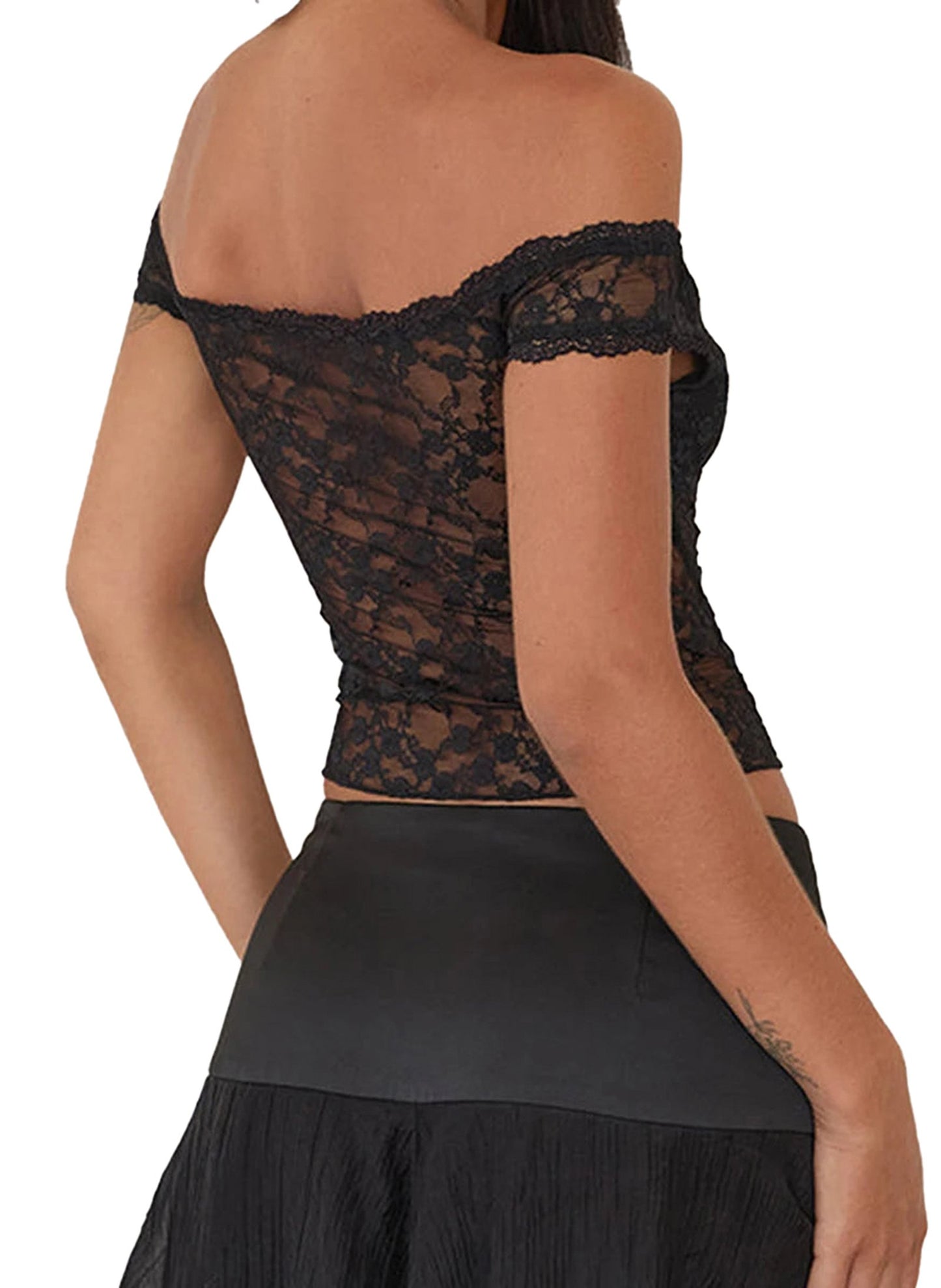 Elegant black off shoulder corset top with lace detail, perfect for stylish evening wear