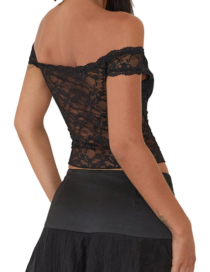 Black off shoulder corset top with lace detailing for a chic and stylish look