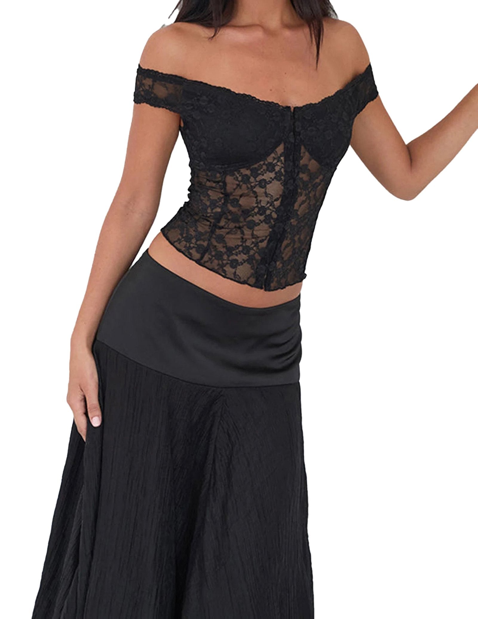 Model wearing a black off shoulder corset top made of lace with a flattering fit