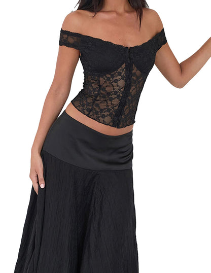 Model wearing a black off shoulder corset top made of lace with a flattering fit