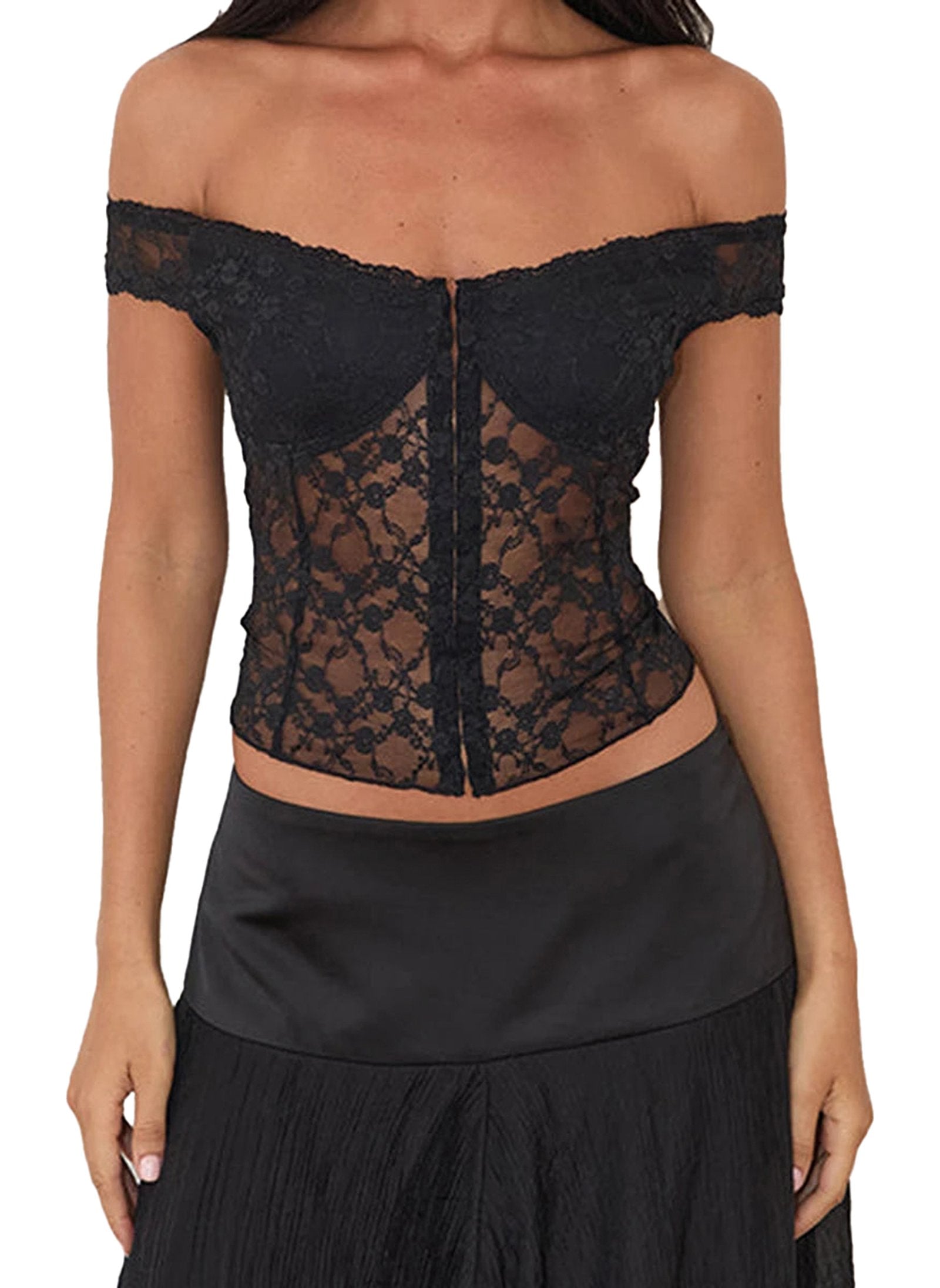 Elegant black off shoulder corset top with lace design and zip closure for a stylish look