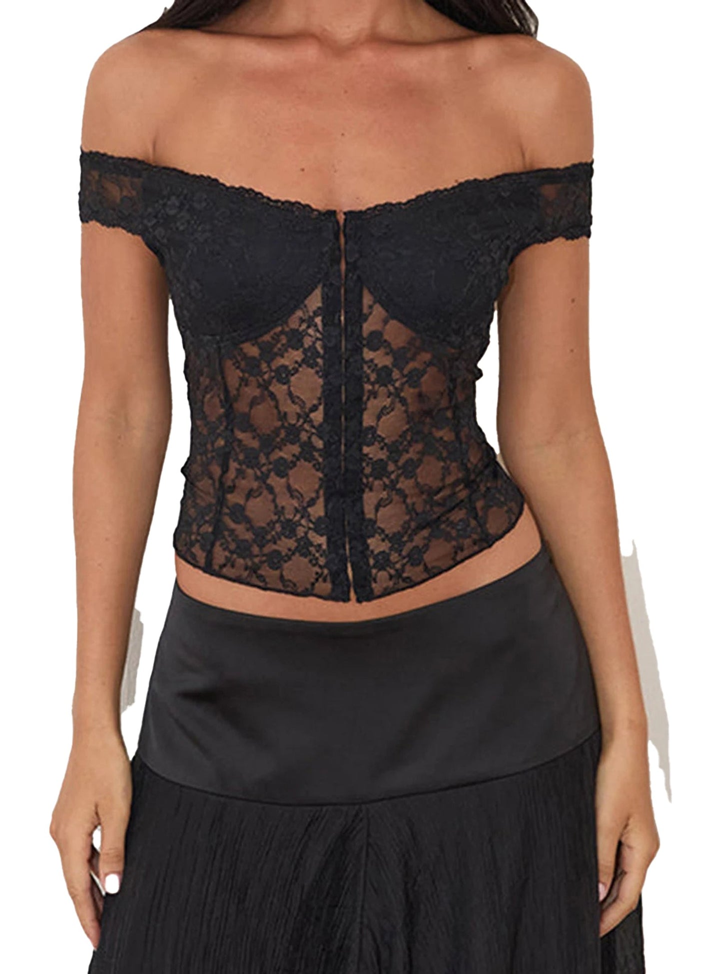 Black off shoulder corset top with lace detailing and fitted design for a stylish look