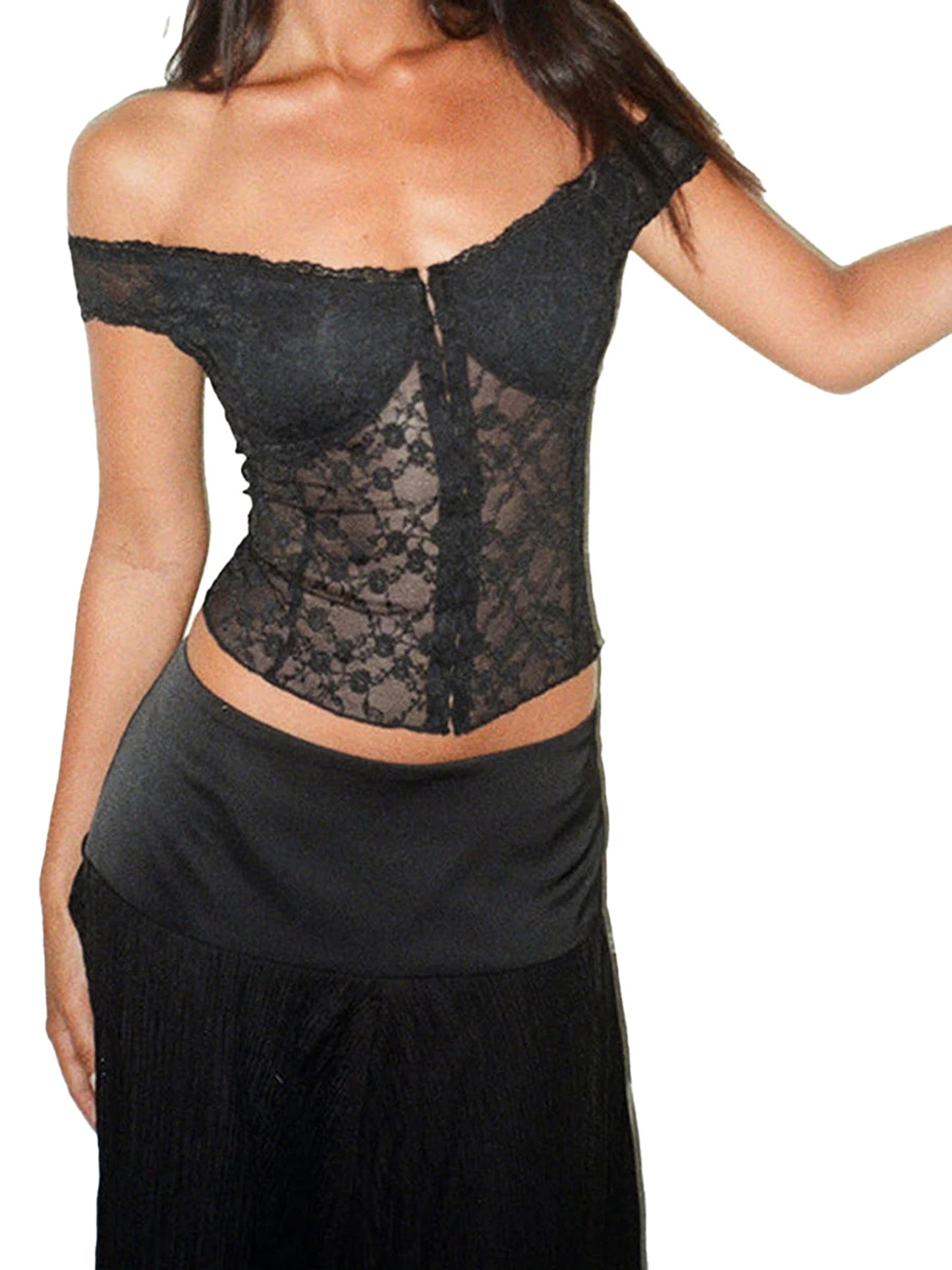 Black off shoulder corset top with lace detailing and fitted silhouette from LuckeLadybug LLC