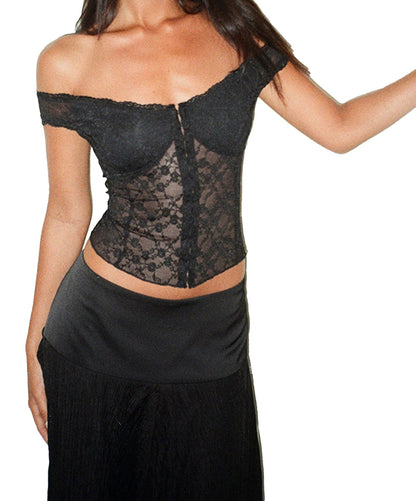 Stylish black off shoulder corset top featuring a lace design and fitted silhouette
