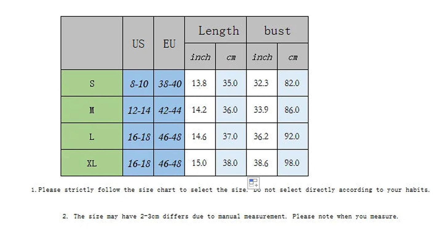 Size chart for black off shoulder corset top detailing measurements for US and EU sizes