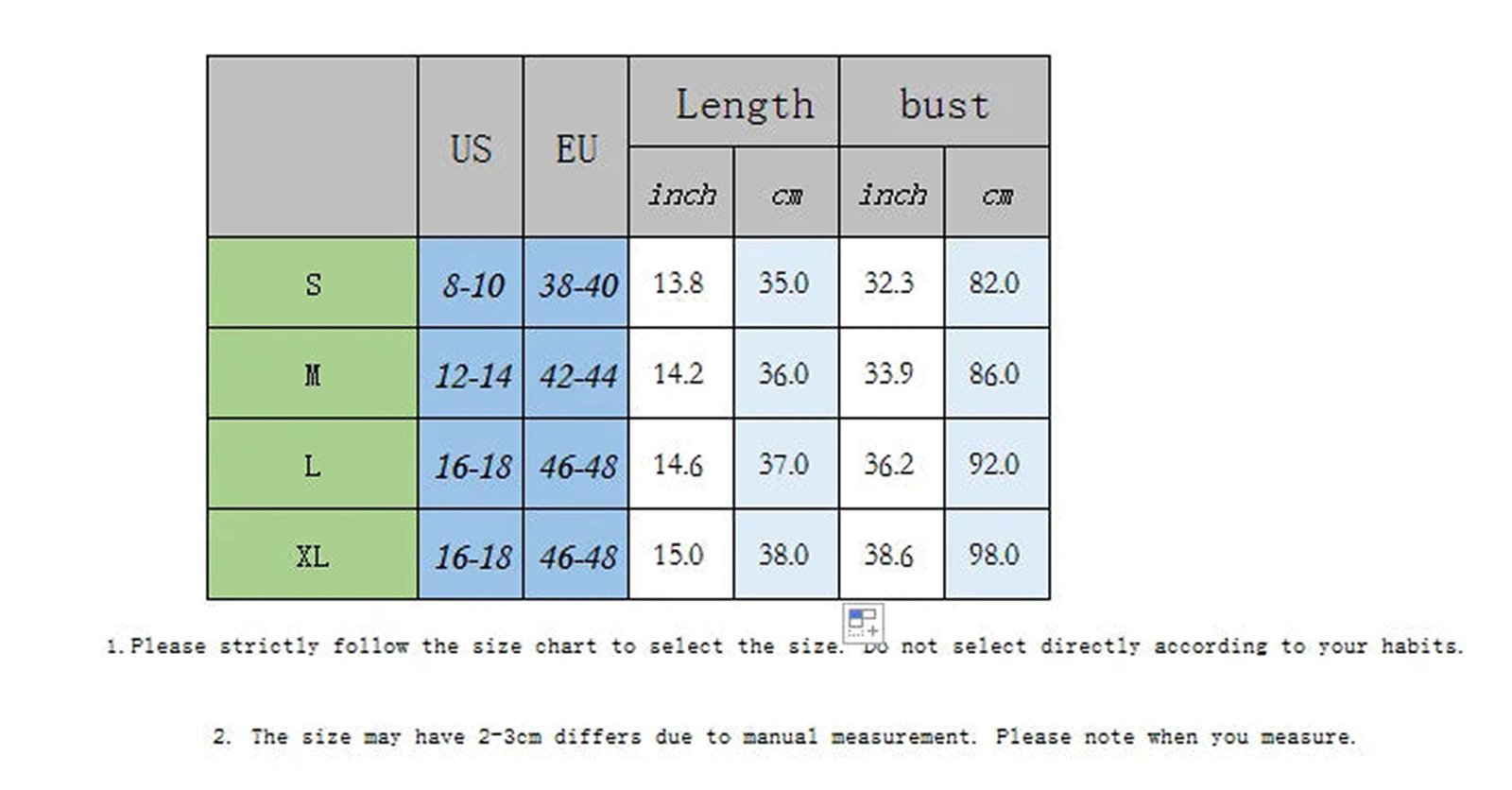 Size chart for black off shoulder corset top detailing measurements for US and EU sizes