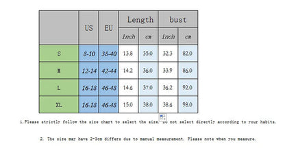 Size chart for black off shoulder corset top detailing measurements for US and EU sizes