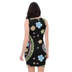 Back view of a woman wearing a black paisley bodycon dress with colorful floral patterns