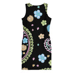 LuckeLadybug black paisley bodycon dress featuring colorful floral patterns and a fitted silhouette