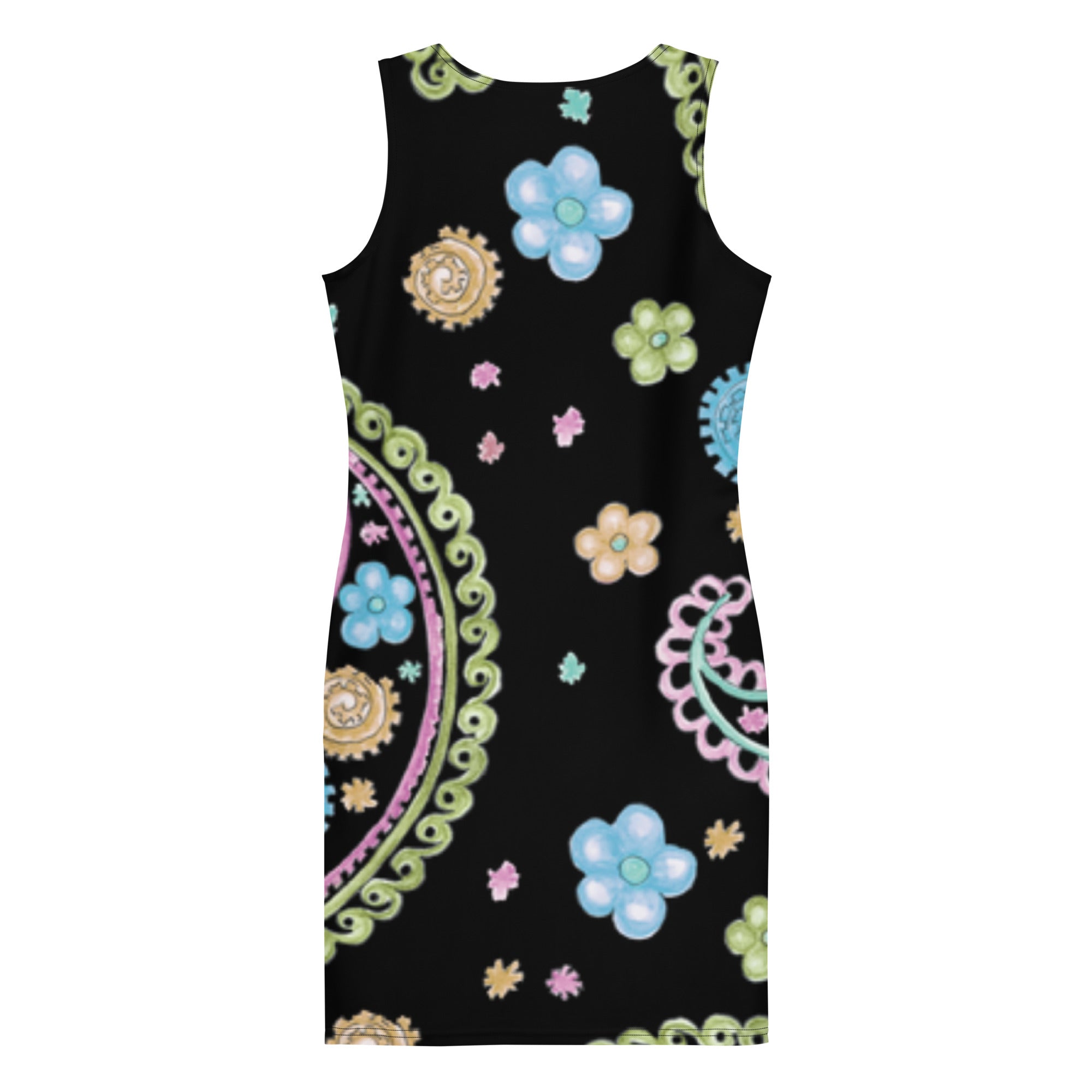 LuckeLadybug black paisley bodycon dress featuring colorful floral patterns and a fitted silhouette
